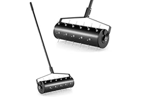 COSTWAY Garden Rolling Lawn Aerator, 45cm/53cm Manual Grass Spikes Roller with 130cm Detachable Handle, Heavy Duty Steel Rotary Push Pull Tine Garden Lawn Tool (53 x 130cm(L x H), Black)