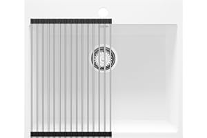 PRIMAGRAN Evier Cuisine en Granit Blanc 58x50cm, Lavabo 1 bac + Robinet 40x38cm + Set d’accessoires, Évier à Encastrer al mueble 60cm - Riga S209