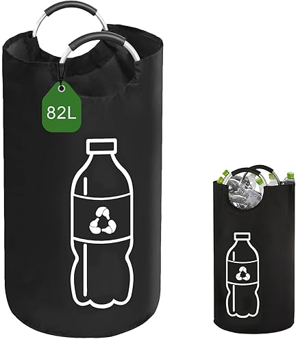 WENKO Flaschensammler Jumbo, 69 Liter, Flaschentasche mit dekorativem Aufdruck & Soft Grip Aluminium-Tragegriffe für einfachen Transport von leeren Flaschen, 100 % Polyester, 38 x 72 cm, Beige