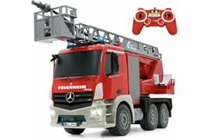 JAMARA 404960 - Feuerwehr Drehleiter 1:20 Mercedes Antos 2,4G - deutsche Sirene mit blauen LED Signallichtern, 420 ml Wasserbehälter, Reale Spritzfunktion, programmierbare Funktionen, 4 Radantrieb