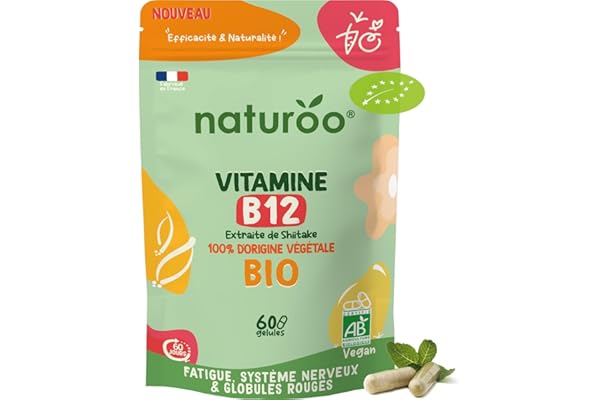 Vitamine B12 Bio | 60 gélules (2 mois) | 100% naturelle et végétale | Premium & Vegan | vitamin B 12 à 25 µg (1000% des AJR) | Extraits de Shiitake et fibre d'acacia bio | B-12 pour Hommes et Femmes