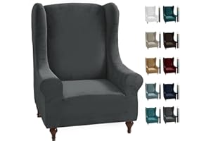 CHELZEN Stretch Velvet Wingback Chair Slipcover Soft Slipcovers for Wingback Chairs Wing Chair Cover with Elastic Bottom (Wing Chair, Gray)