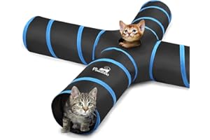 Pawaboo Tunnel per Gatti, 4 Uscite Tunnel Pieghevole Gioco Interattivo con Pompon e Campanelle per Gatto - Nero + Blu