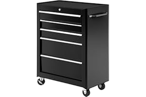 HOMCOM Servante d'atelier en Acier, Chariot à Outils sur roulettes, 5 tiroirs, verrouillable 2 clés, Caisse à Outils pour Atelier, Tapis antidérapant, Construction Robuste, Noir