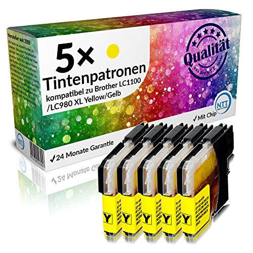 N.T.T.® 5 x Stück XL Druckerpatronen / Tintenpatronen kompatibel zu Brother LC1100Y / LC980Y Gelb / Yellow, Sparset
