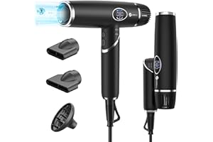 Asciugacapelli Professionale, Slopehill Phon da viaggio Ioni Ultraleggero Brushless 110,000RPM, Asciugatura Rapida/Diffusore Magnetico/Display LCD Per La Casa, Il Salone e i Viaggi (Nero)