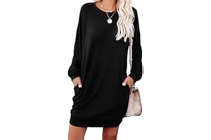 PrinStory Damen Pullover Kleid Freizeitkleider Rundhalsausschnitt Sweatkleid Mit Taschen