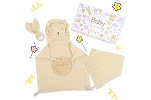 Heartsking Coffret Cadeau Naissance Bébé, Set de Serviettes Baby Comfort, 100% Coton Bio Doudou Bebe, Anneau de Dentition, Bavoirs et d'Annonce de Naissance, Cadeau pour Fille & Garçon (Beige)
