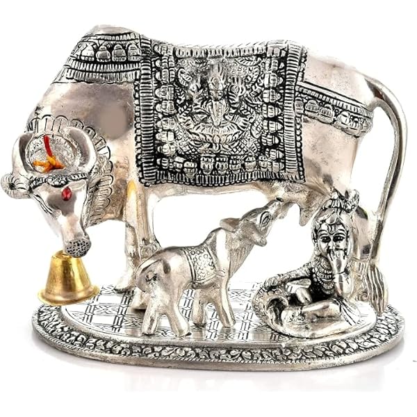 Decorative Kamdhenu Brass Cow and Calf Statue Spiritual Idol Décor Showpiece eBa