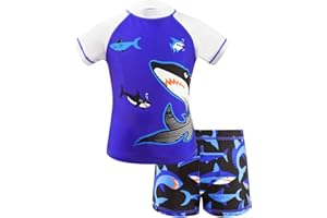 IKALI Boys Swimming Costume, Uv Beachwear Rush Guard Kids Shorts Trunks, Hawaiian Shark Two Piece One Piece