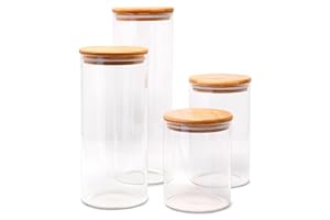 LG Luxury & Grace Pack 4 Botes de Cristal, 0,7 L + 1 L. Tarros de Cocina con Tapa de Bambú. Envases para Alimentos con Anilla de Silicona. Incluyen Etiquetas y Rotuladores.