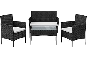 Sossiyule Set di 4 mobili da giardino in resina intrecciata con 2 poltrone, 1 divano a 2 posti e 1 tavolo per giardino esterno (1, nero)