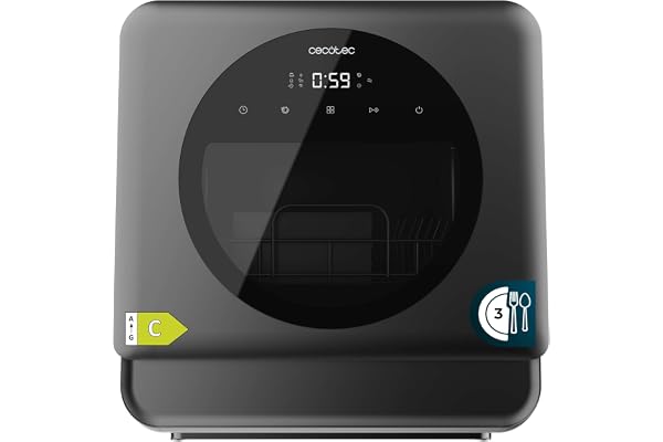 Cecotec Lave-vaisselle Compact Libre Installation sur Table Bolero Aguazero 1150 Dark. 3 Couverts, Basse Consommation, 6 Programmes, Touch Control Panel, Fonctions Long Storage et Delay Start