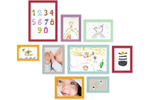 PHOTOLINI Bilderrahmen-Set Kinderzimmer 10x15 bis 21x30 cm Grün Blau Grau, 9er Set Wechselrahmen farbig, Holz, Acrylglas, Made in Germany, zum Aufhängen, mit Zubehör - für bunte Kinderbilder