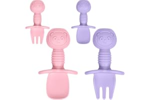 Vicloon Łyżki dla niemowląt, 4 sztuki łyżek do karmienia niemowląt, z bardzo miękkiego silikonu, bez BPA, widelec i łyżka, zestaw sztućców dla niemowląt, małych dzieci, fioletowe + różowe