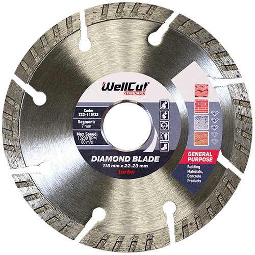 WELLCUT STANDARD Diamant Trennscheibe 115 mm Turbo Stahlbeton + alle Betonprodukte, Granit, Ziegel Universal High Quality