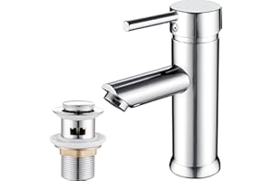 kisimixer Basin Mixer Tap with Pop Up Waste Slotted, Single Lever Hot and Cold Stainless Steel Bathroom Sink Taps with G1/2 Hoses, Chrome