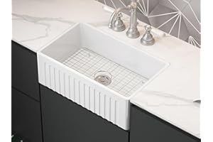 MEJE regadero de cocina individual de 76,2 cm, fregadero de granja de porcelana de arcilla blanca fuego, fregadero reversible de cerámica de granja calibr