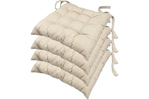 casaviva® Set 4 Cuscini Sedia 9 impunture con lacci Made in Italy lavorati a mano in 100% cotone stampato effetto lino imbottitura deluxe 7 cm (beige)