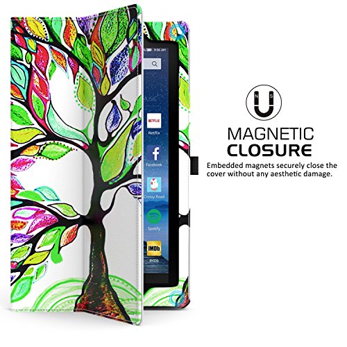 MoKo Fire 2015 7 Zoll Hülle – Kunstleder Ständer Schutzhülle Smart Cover mit Stift-Schleife und Stanfunktion für Amazon Fire Tablet (Vorherige 5th Generationeration – 2015 Modell) Tablet, Glück Baum - 3