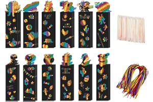 TSUWNO Papel Rascar para Niños - Juego de 48 Piezas de Animales con 24 Bolígrafos de Madera y 48 Cintas Arcoíris - para Regalar en Cumpleaños de Niños y Niñas - Juego de Marcapáginas y Decoración Creativa