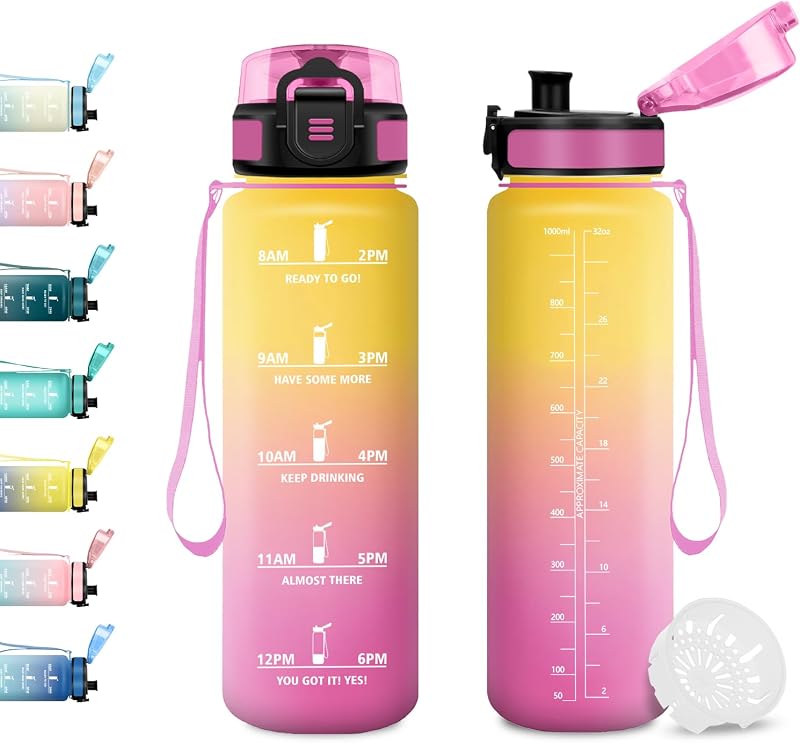 JAPORIA Borraccia 1L, Borraccia Motivazionale con Filtro, A Prova di Perdite, Bottiglia Acqua con Indicatore del Tempo, per Fitness, Viaggi, Ufficio
