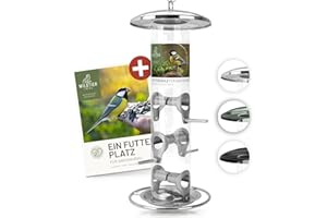 wildtier liebe Körner Futtersäule, Vogelfutterspender 35cm, Silber - aus rostfreiem Edelstahl I Vogel-Futterstation, Vogelfutter-Säule, Wildvögel Futtersilo I Ganzjährige Vogelfütterung