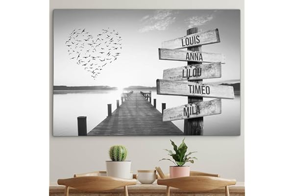 Toile personnalisée avec cadre prénom famille Coeur et ponton coucher de soleil Noir et Blanc tableau … (60 x 40 cm)