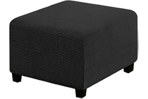 Highdi Ottoman Cover Rectangle Jacquard Square Stretch Footstool Slipcover with Elastic Bottom, Footrest Stool Protector for Living Room Bedroom, Removable Washable Pouffe Covers (Black,Small)