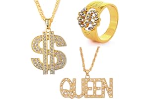 Houhounb Punk Stil Legierung Halskette und Ringe 1x Dollarzeichen Ringe und 1x Boss Anhänger Vergoldete Kette US Dollar Halskette für Kinder Männer Frauen Trendparty Hip Hop Rapper