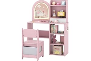 COSTWAY Kids Dressing Table, Girls Vanity Set with Stool, 3-Color LED Lights Mirror, Storage Shelves, Fabric Drawer, Make Up Pretend Dresser Desk Chair Set for Toddlers (Pink)
