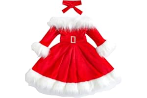 ZZLBUF Toddler Baby Girls Velvet Christmas Dress Kids Long Sleeve Ruffle Santa Claus Dress Xmas Princess Dress+Headband