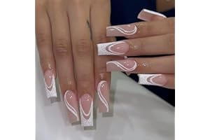 AGASAR 24pcs Long Coffin False Nails French Tip False Nails Glitter White Stick on Nails Nude Pink Press on Nails Glue-on Nails Removable Fake Nails Women Girls Nail Art Accessories