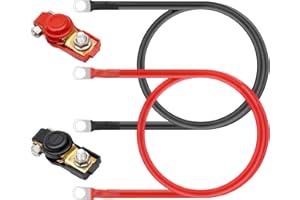 Delamiya - Cable de batería de coche (2 p, 16 mm²-100 cm, cable de batería de 12 V, 5 AWG, con terminales de anillo M10 y 2 terminales de batería, cable de cobre, rojo y negro, cable de alimentación