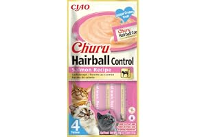 INABA Churu Hairball Control, kattgodis för att stödja hårbollskontroll med lax, puré med fiber, rik på Omega 3 & 6, hög fukt