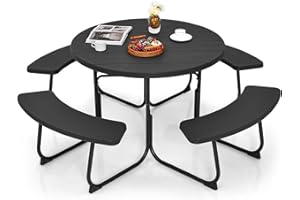 GOPLUS Table de Pique-Nique avec 4 Bancs Intégrés pour 4 à 8 Personnes, Table Jadin Exterieur en HDPE avec Trou pour Parasol,Ronde en Plein Air, Cadre en Métal,Charge 225KG+135KG(Noir)