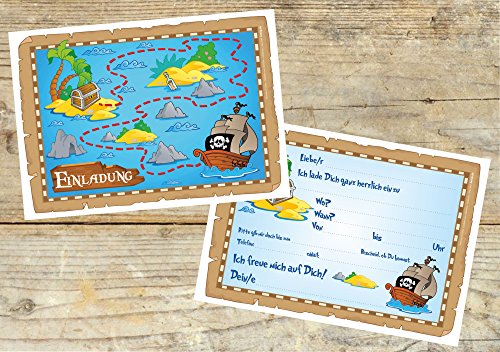 12 Einladungskarten zum Kindergeburtstag „Piratenparty“ Geburtstagseinladungen Jungen Mädchen Kinder Einladungen Schatzkarte Schatzinsel Schatzsuche Piratenschiff Pirat Geburtstag Abenteuer Karten Set - 6