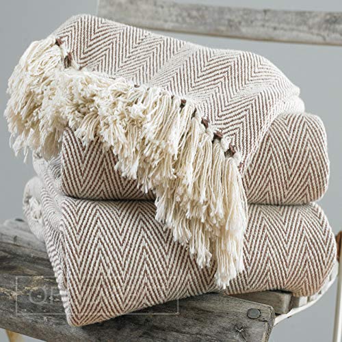 QPC Direct 100% Cotton Hand Woven Herringbone Chevron Throw (Natural Herringbone, Large 70" x 90" [170 x 200cm])