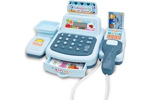 FALAFOTY Registratore di Cassa Giocattolo con Scanner, Calcolatrice Reale e Suoni, Negozi Accessori per Bambini Giochi di Ruolo Mini Set di Giocattoli, Regalo di Compleanno per Ragazzi Ragazze 3 Anni (Blu)