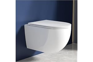 Rainsworth Hänge WC Spülrandlos Toilette - 360° Einloch Superspin Spülung Wand WC, Toilettenbecken Toilettenspülung Geräuscharm, Kloschüssel und WC Sitz mit Absenkautomatik, Weiß, 48.5cm lang