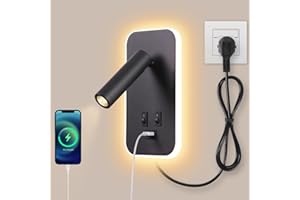 AWEKLIY Nowoczesna lampa ścienna LED, 3W lampa do czytania, z portem ładowania USB, 9W lampa ścienna LED, z przełącznikiem, do sypialni, salonu, gabinetu, czarna, 3100K,Z kablem i wtyczką (Czarny)