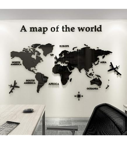 DEKADRON Mappa Del Mondo In Metallo - Set Di 4 Pannelli Decorativi Da Parete - Continenti Asia, Europa, America, Australia - Dimensioni: 150x32 Cm E 150x81 Cm - 3