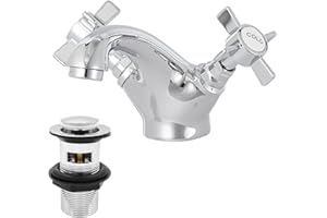 HEXMIXER Victorian Bathroom Sink Tap for Basin with Pop Up Sink Plug Dual Cross Lever Chrome Brass Swan Neck Bathroom Tap Mixer Traditional Basin Mixer Tap 044CR