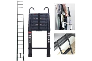 RIGOGO Scala telescopica allungabile, 3,2 m, con 2 ganci, robusta in alluminio, scala multiuso, con 11 pioli, portata 150 kg, EN131, nero