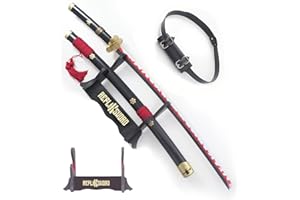 REPLIKSWORD One Piece Katana Enma en Bois - Sabre Zoro Black Edition - Meito Katana avec Support et Ceinturon Noir Porte-Épée