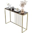 FATIVO Entryway Console Table Hallway Decor : Black Gold Lines Pattern Marble Top Consoles Desk Sintered Stone Black Marble Table Top Gold Frame Slim Tall Modern Sofa Side Tables for Living Room
