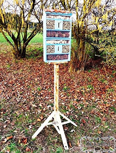 Süßes insektenhotel MIT STÄNDER, mit Naturdach, FDV-HOST-MS groß 130.5 cm Holz blau marineblau hell Vogelhaus Nisthaus als Ergänzung zum Meisen nistkästen Meisenkasten oder zum Vogelhaus Vogelfutterhaus Futterstation für Vögel Insektenhäuschen - insektenhotels
