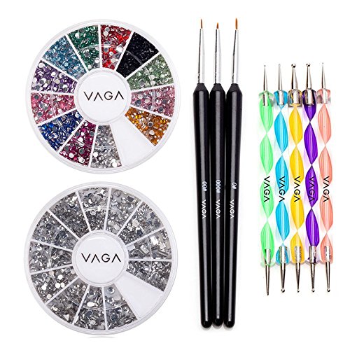 High Quality Professional Nail Art Accessories Set of Silver Gems /Rhinestones / Crystals In Different Shapes, Premium Gemstones Decorations In 12 Colours, Fine Detail Wooden Nailart Brushes and Double Ended Dotting Marbling Tools By VAGA