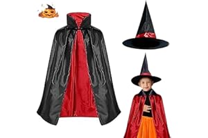 ZZRSYJ Cape du Magicien d'Halloween, Cape et Chapeau de Sorcière, Cape de Sorcier et Chapeau, Sorcière Déguisement, Cape de Sorcier Avec Chapeau, Pour garçons filles cosplay party