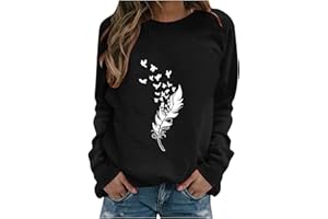 KKPW Sweat - Shirt Femmes Capless Chic Plume imprimé Sweat - Shirt, Haut à Manches Longues pour Les Femmes, Femmes Chic élégant col Rond Sweat - Shirt Femmes, Plus Size Womens Tops